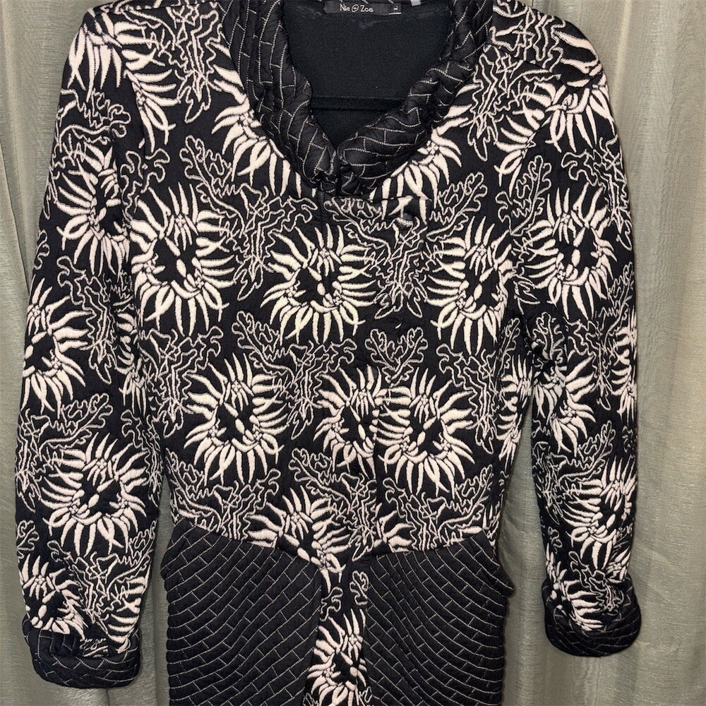 Nic + Zoe Quilted Jacket Womens Size L Black White Floral Zip Front